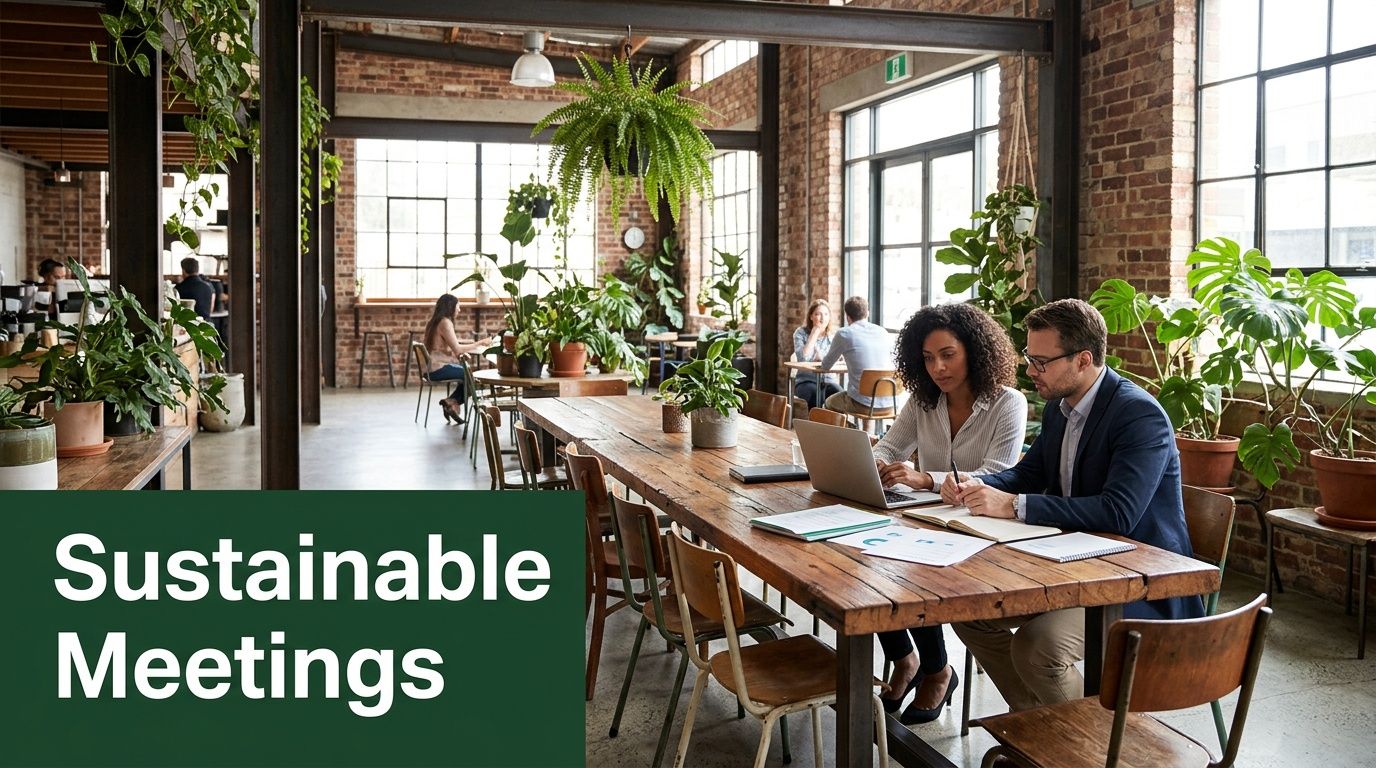 Two professionals collaborate in a modern, plant-filled sustainable meeting space.