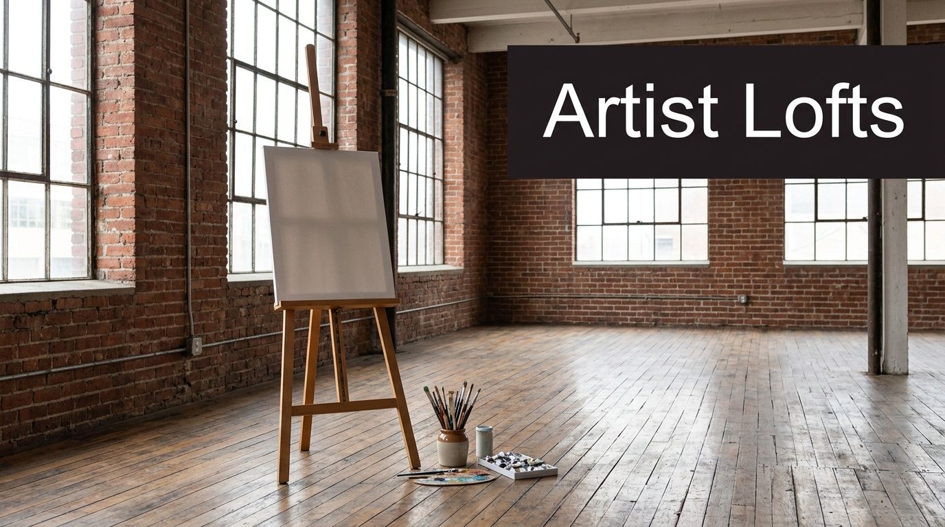 A professional artist studio with a blank canvas on an easel, brushes, and paint supplies on the floor.