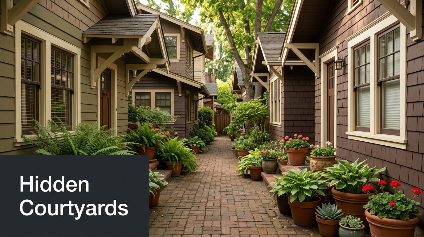 A charming, narrow brick pathway lined with cozy houses and lush potted plants in a quiet neighborhood.