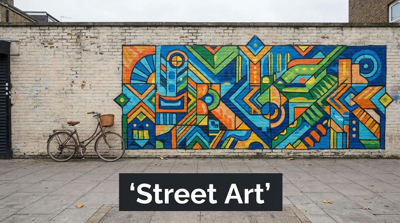 A vintage bicycle with a woven basket parked in front of a colorful, geometric street art mural.