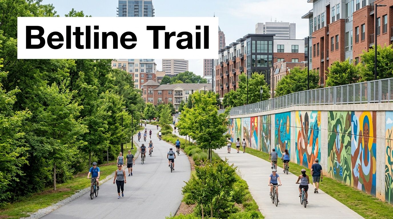 People cycling and walking on the Atlanta Beltline Trail, an urban pathway with vibrant murals and green trees.
