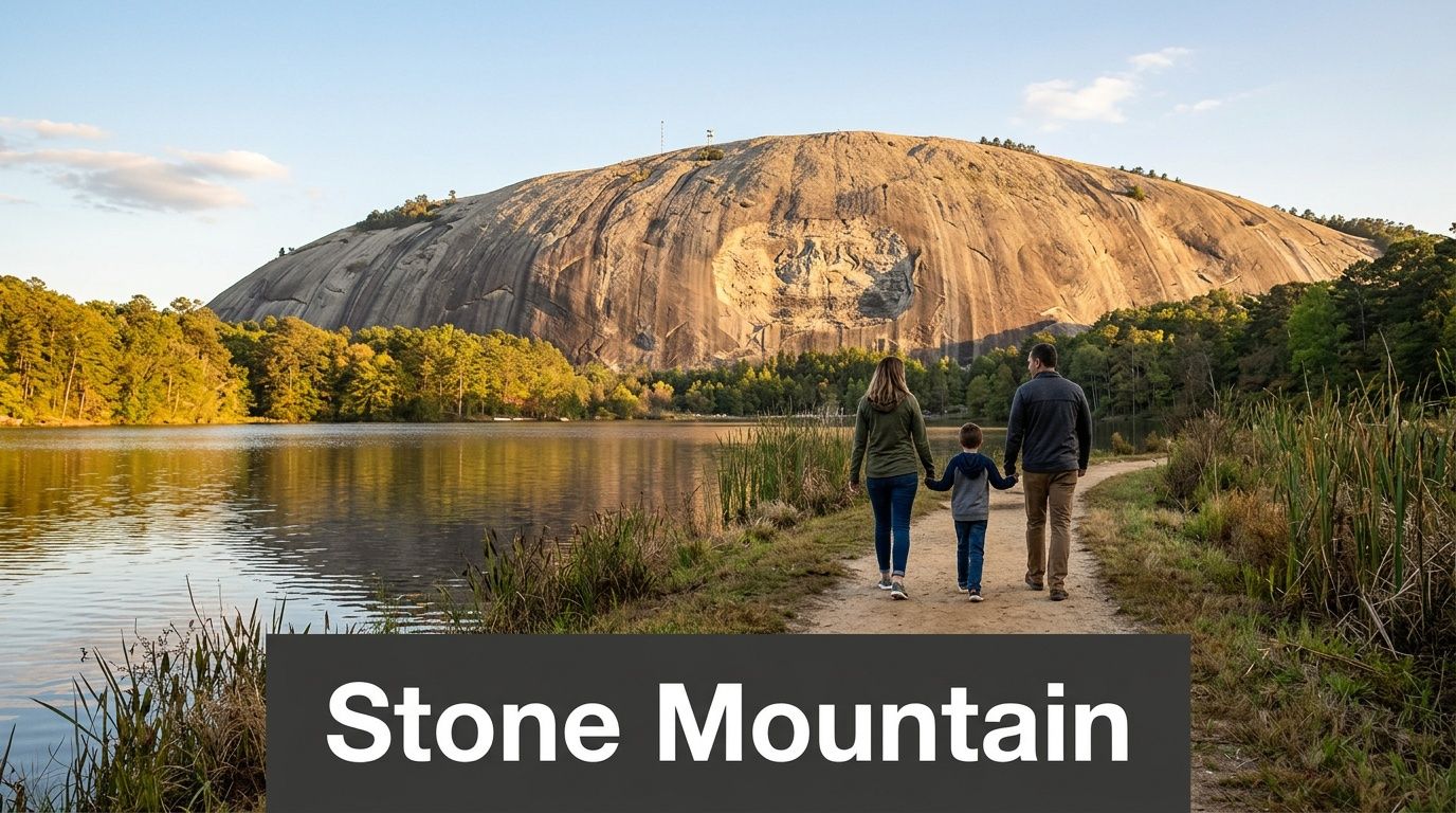 A family walks along a lake path with Stone Mountain and its carving in the background.