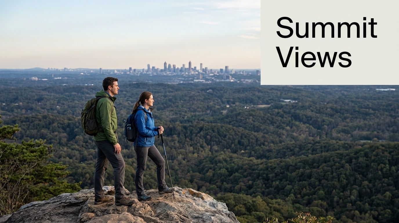Two hikers enjoying panoramic summit views of a vast forest and a distant city skyline.