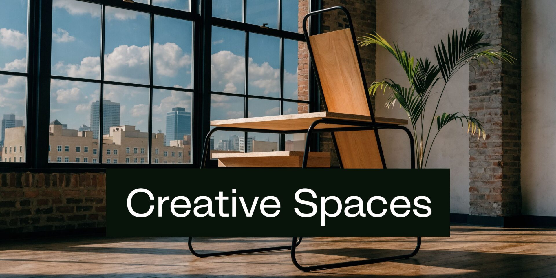 A minimalist wooden chair sits in a sunlit loft space overlooking a cityscape through large windows.