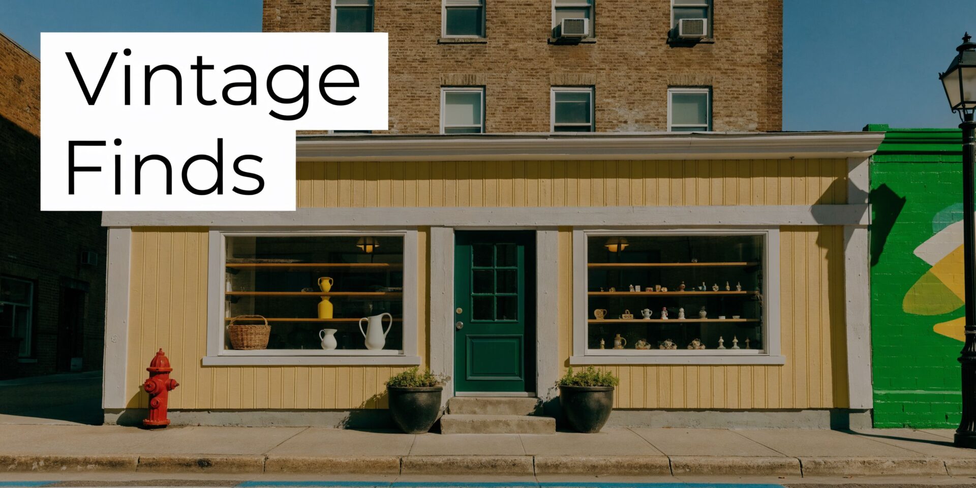 A charming yellow vintage shop with a green door and display windows on a sunny street corner.