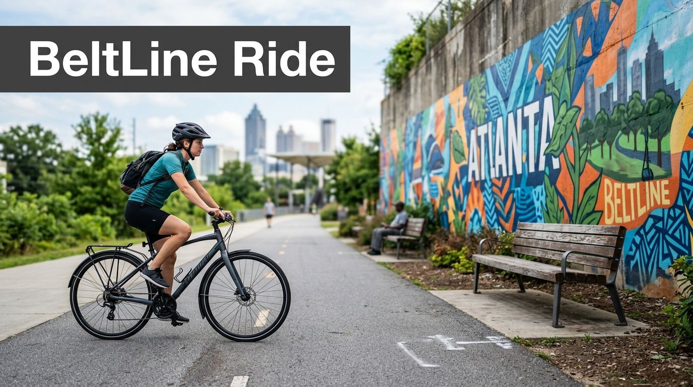 A woman riding a bicycle on the Atlanta BeltLine trail next to a vibrant mural painting.