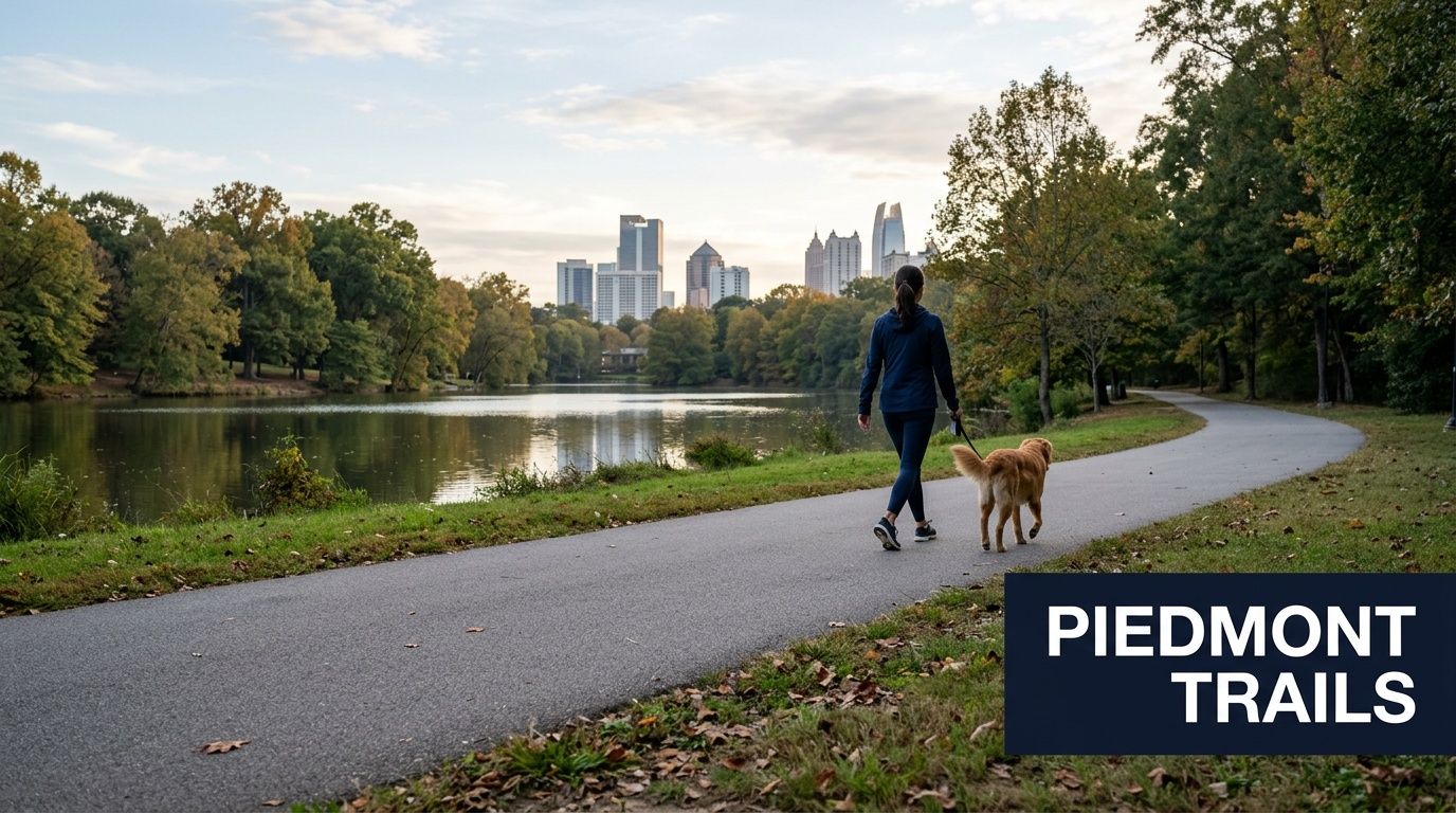 A woman walks her golden retriever on a paved path in Piedmont Park with Atlanta skyline views.