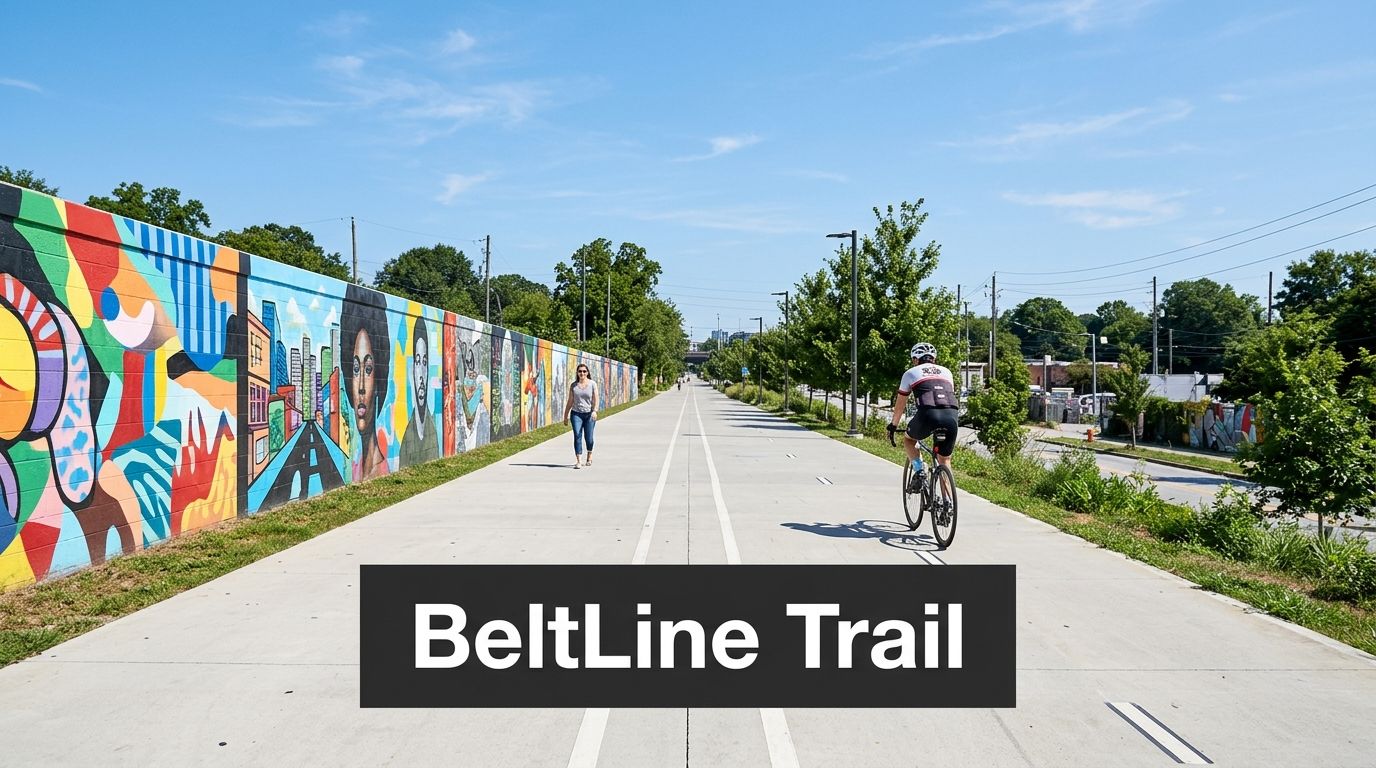 People walking and cycling on the Atlanta BeltLine Trail with a vibrant mural along the path.