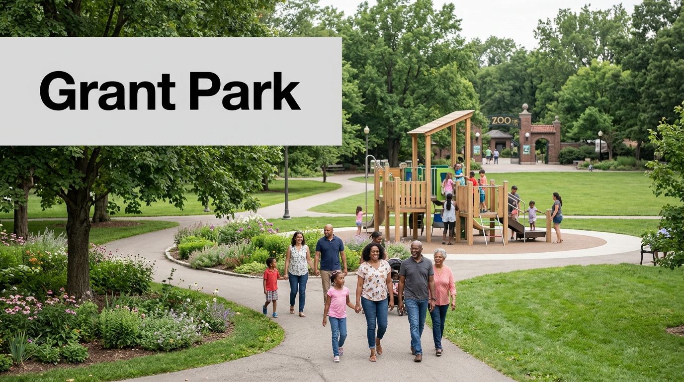 A multi-generational family enjoys a sunny day at Grant Park, with children playing and a zoo entrance.