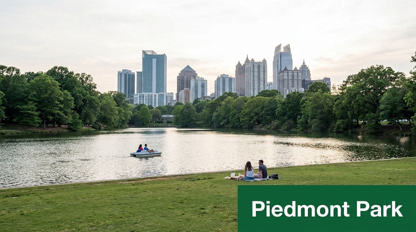 Piedmont Park in Atlanta with a lake, city skyline, people paddle boating, and picnicking.
