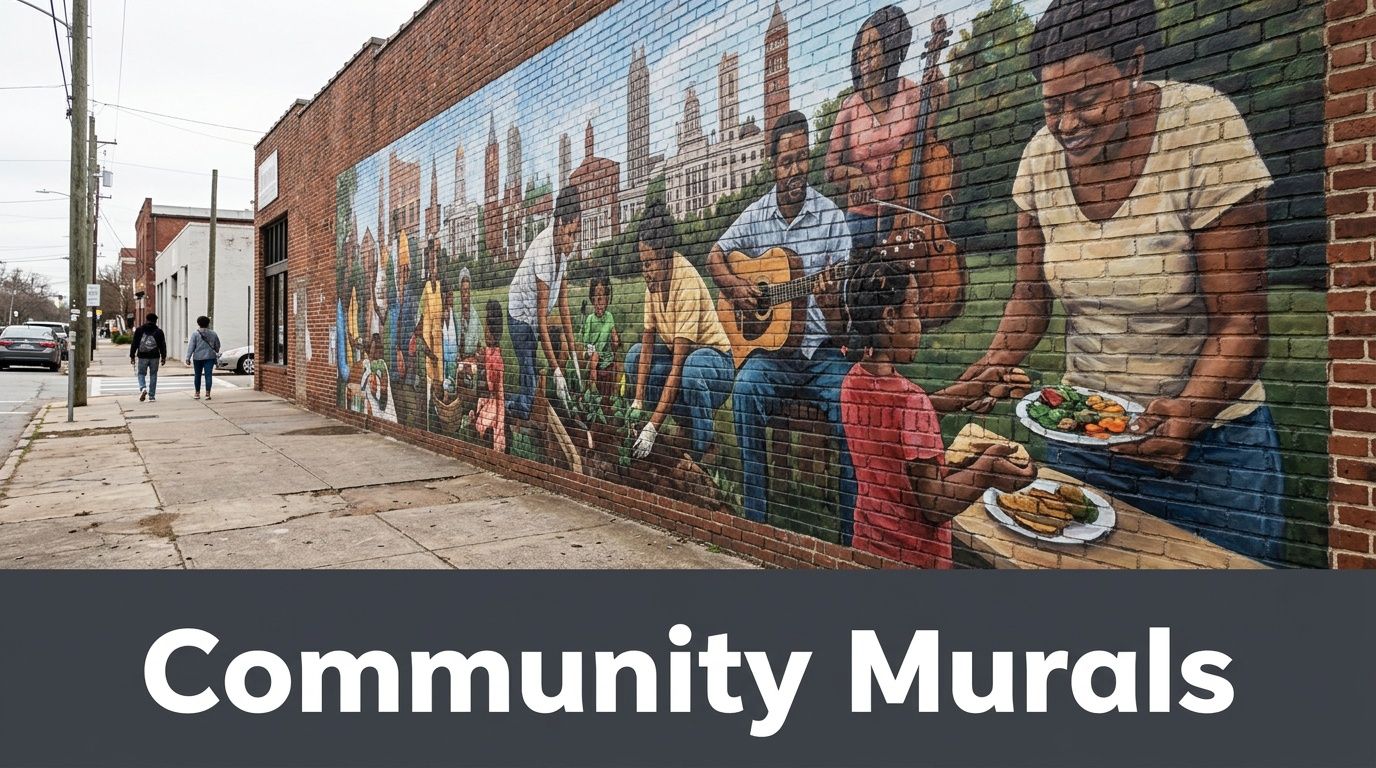 A vibrant community mural painted on a brick wall featuring a cityscape, people gardening, and musicians.