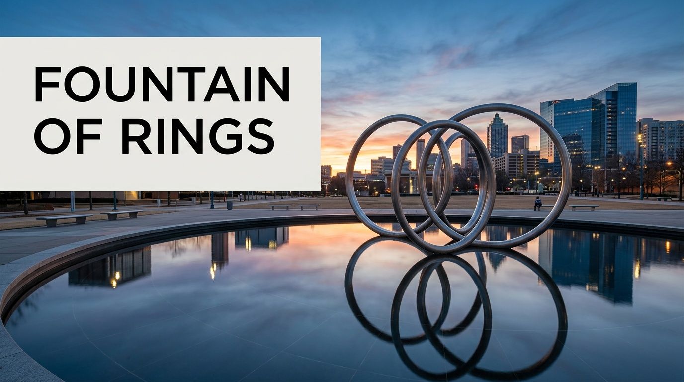 The iconic Fountain of Rings monument at Centennial Olympic Park in downtown Atlanta during a golden sunset.