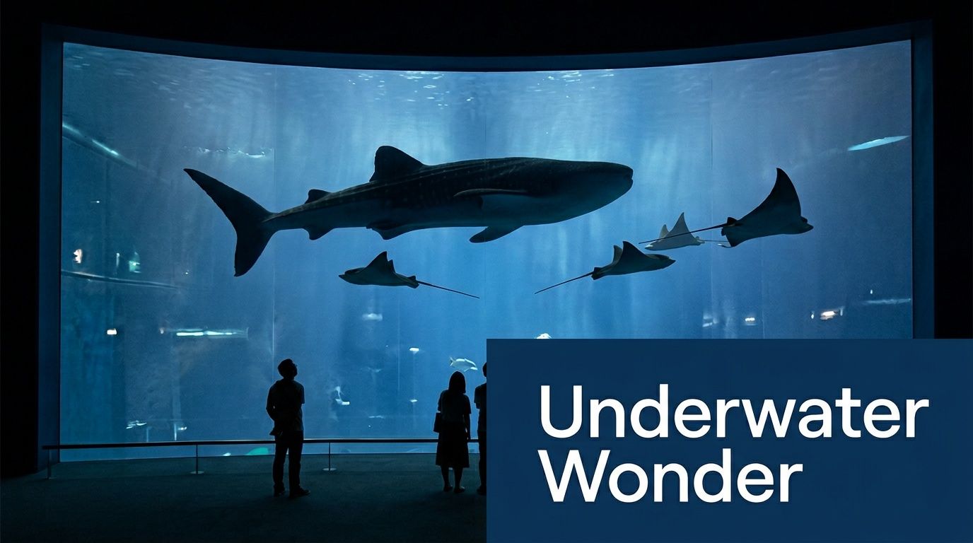 Visitors watch a massive whale shark and rays swimming inside a large aquarium tank behind glass.