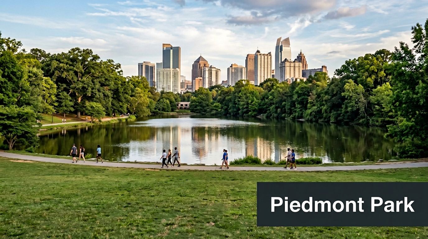 People walking along a path by a scenic lake in Piedmont Park with Atlanta skyline in background