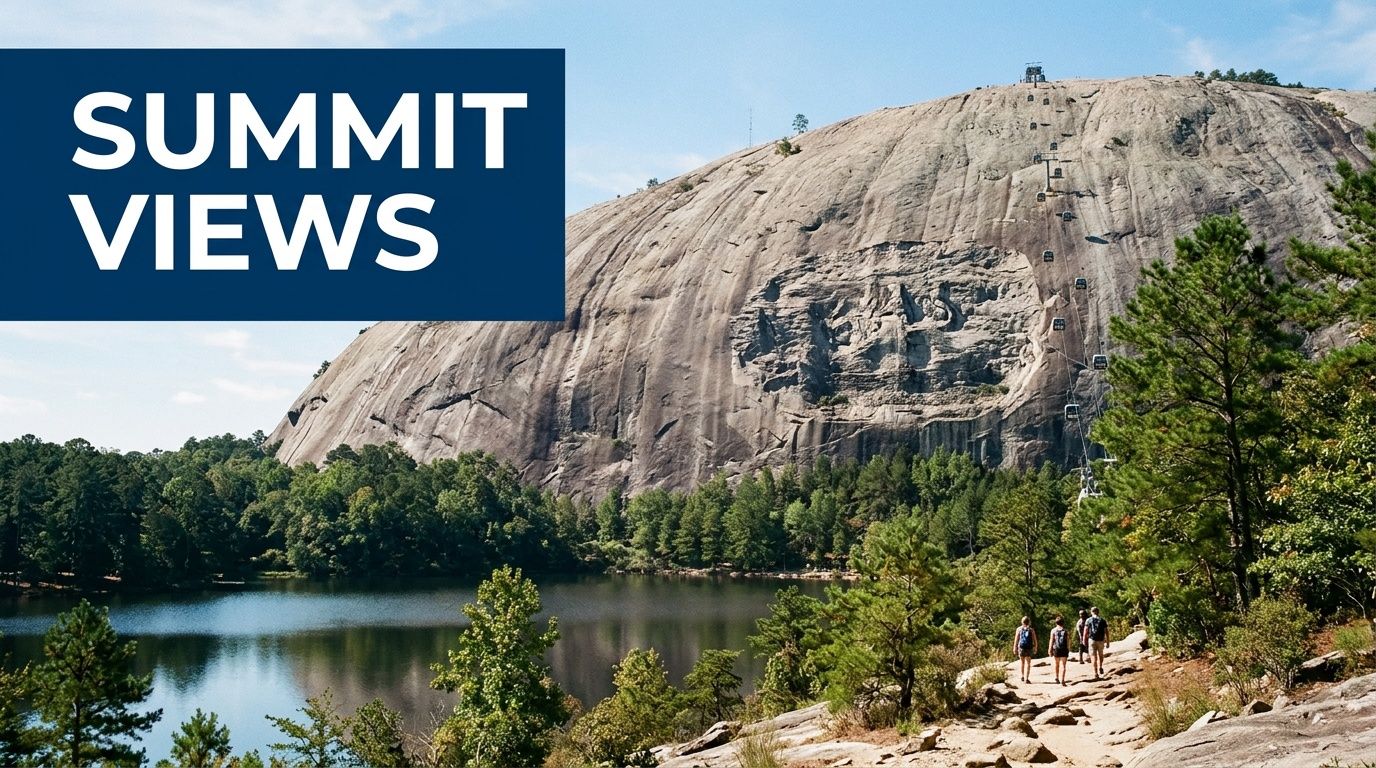 A scenic view of Stone Mountain in Georgia featuring a lake, trees, and visitors on a trail.