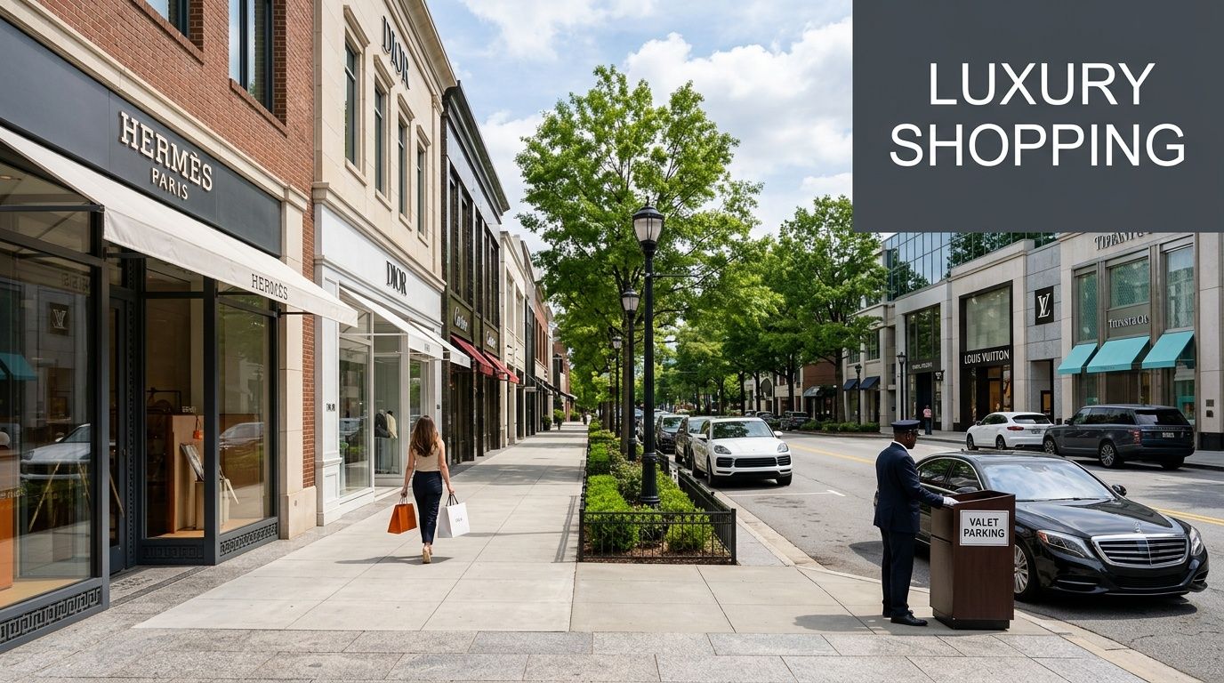 A vibrant street scene showcasing luxury boutiques like Hermès, Dior, Louis Vuitton, and Tiffany & Co., with a shopper and valet parking.