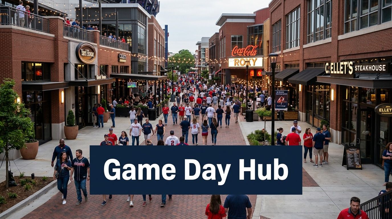 A vibrant outdoor pedestrian mall with many people, shops, and restaurants, illuminated by string lights during an event.