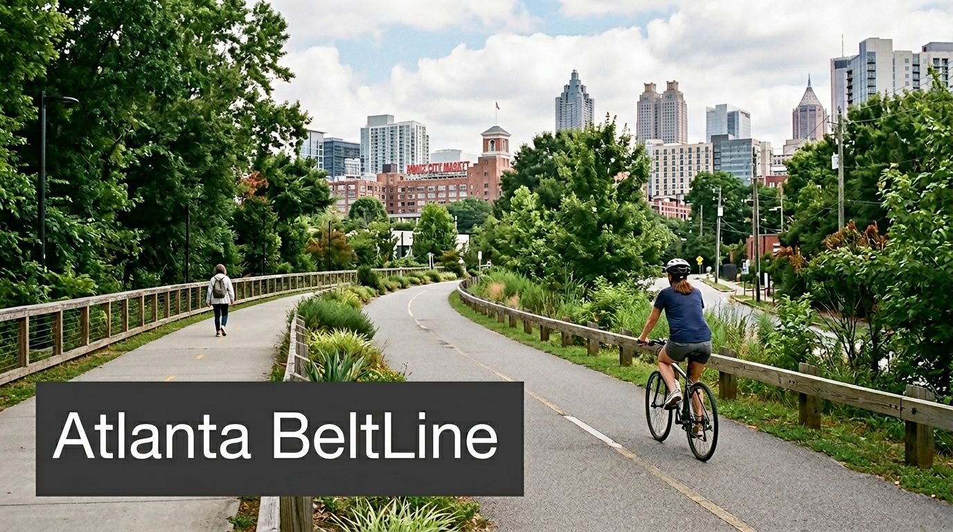 A scenic view of the Atlanta BeltLine trail with cyclists and pedestrians in an urban park setting.