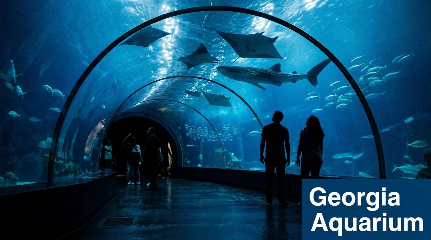 Visitors walk through a large glass tunnel at Georgia Aquarium surrounded by whale sharks and stingrays