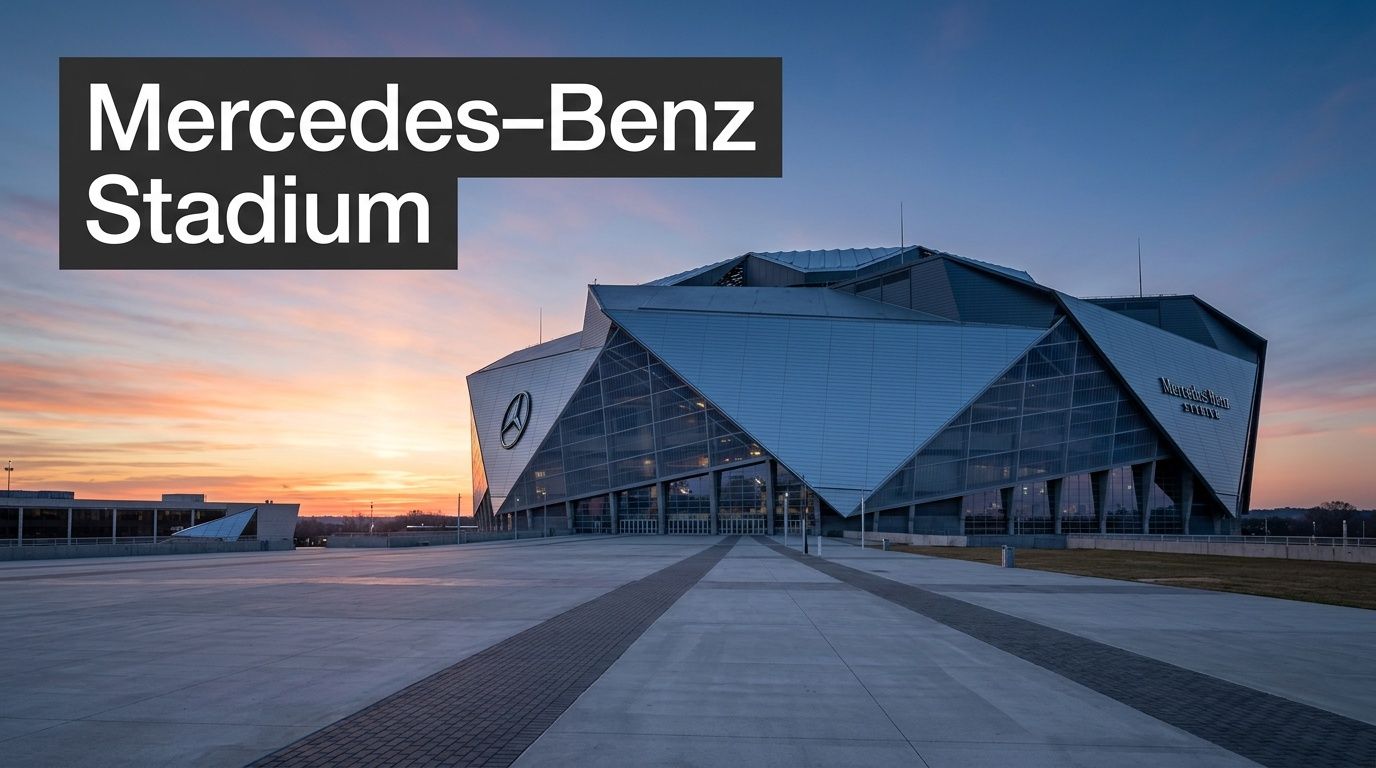 A scenic view of the modern Mercedes-Benz Stadium in Atlanta during a vibrant sunset at dusk.