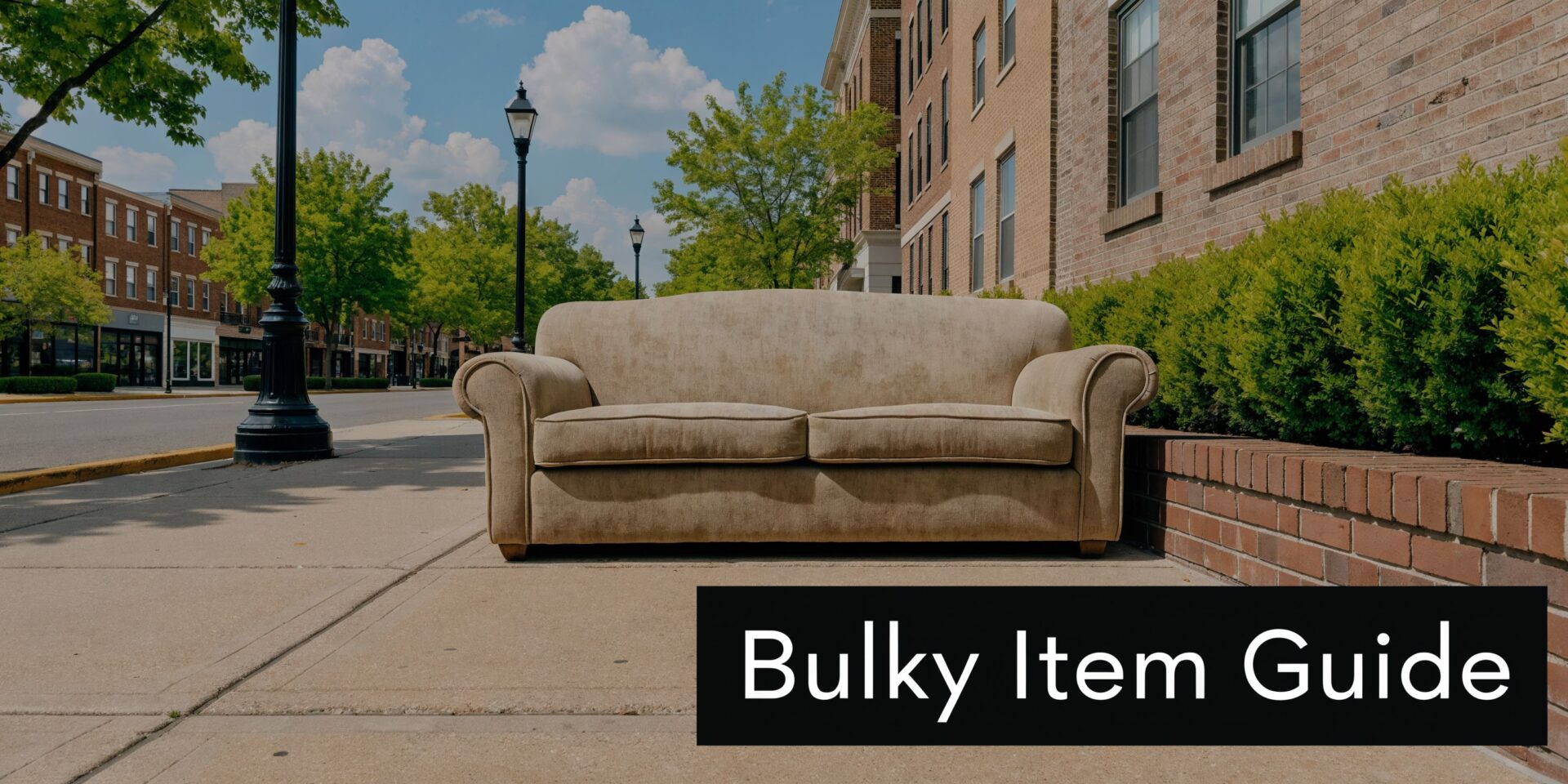 A beige couch sits on a sidewalk in front of a brick building near a street lamp.