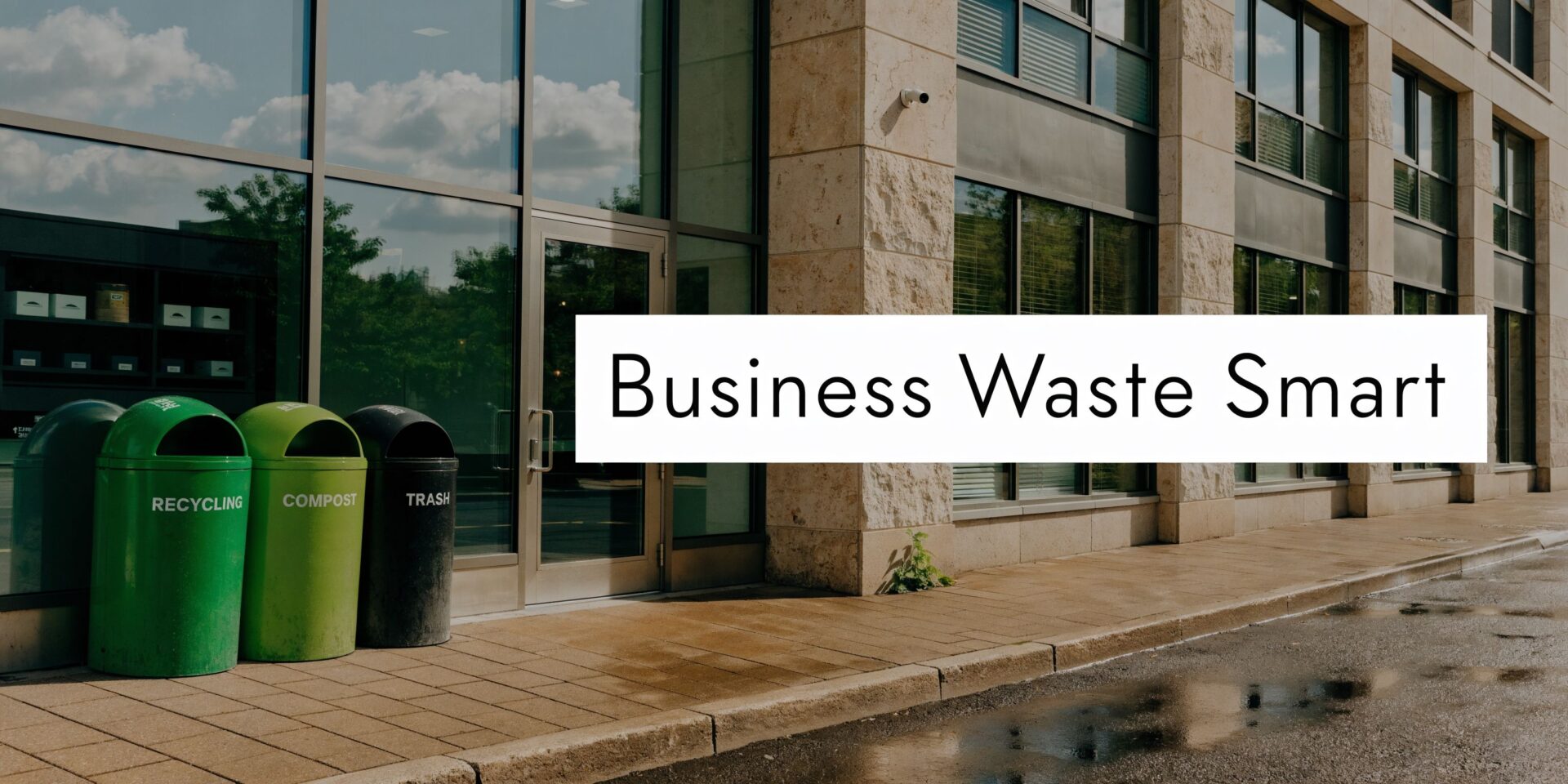 Three waste bins labeled recycling, compost, and trash placed in front of a modern commercial office building.