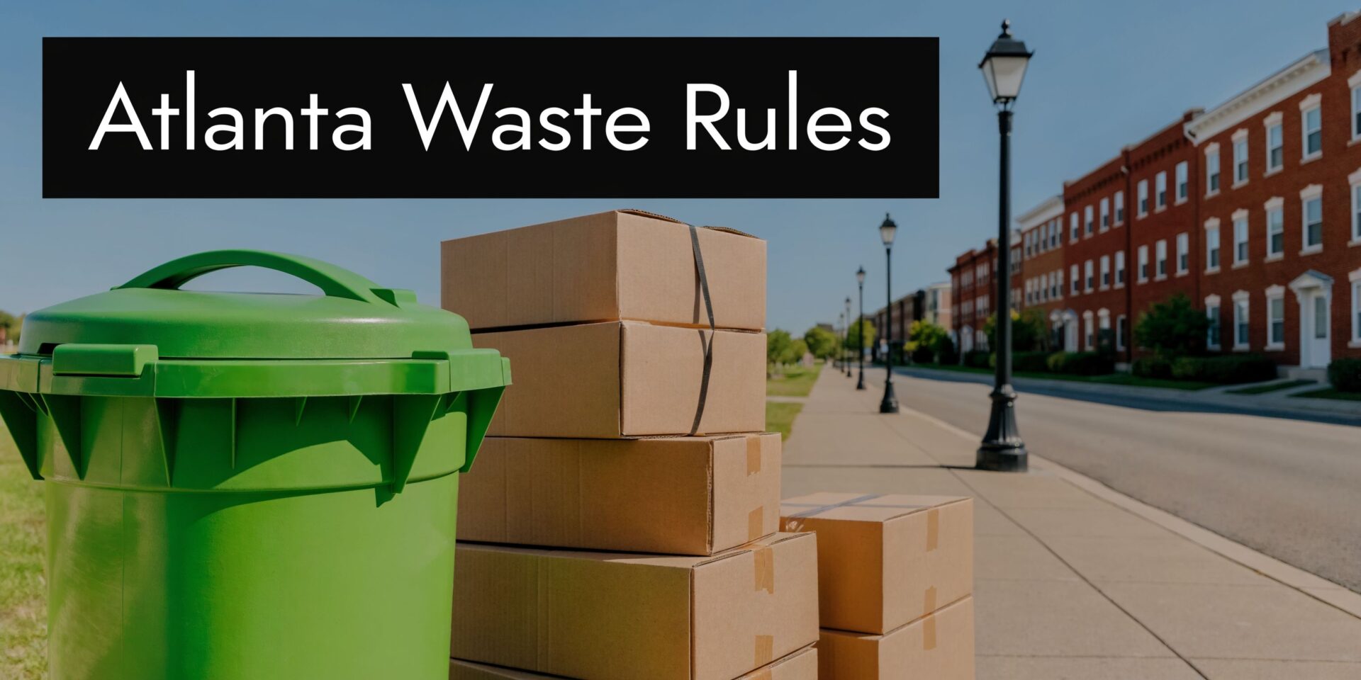 A green waste bin next to a stack of cardboard boxes on an Atlanta sidewalk.