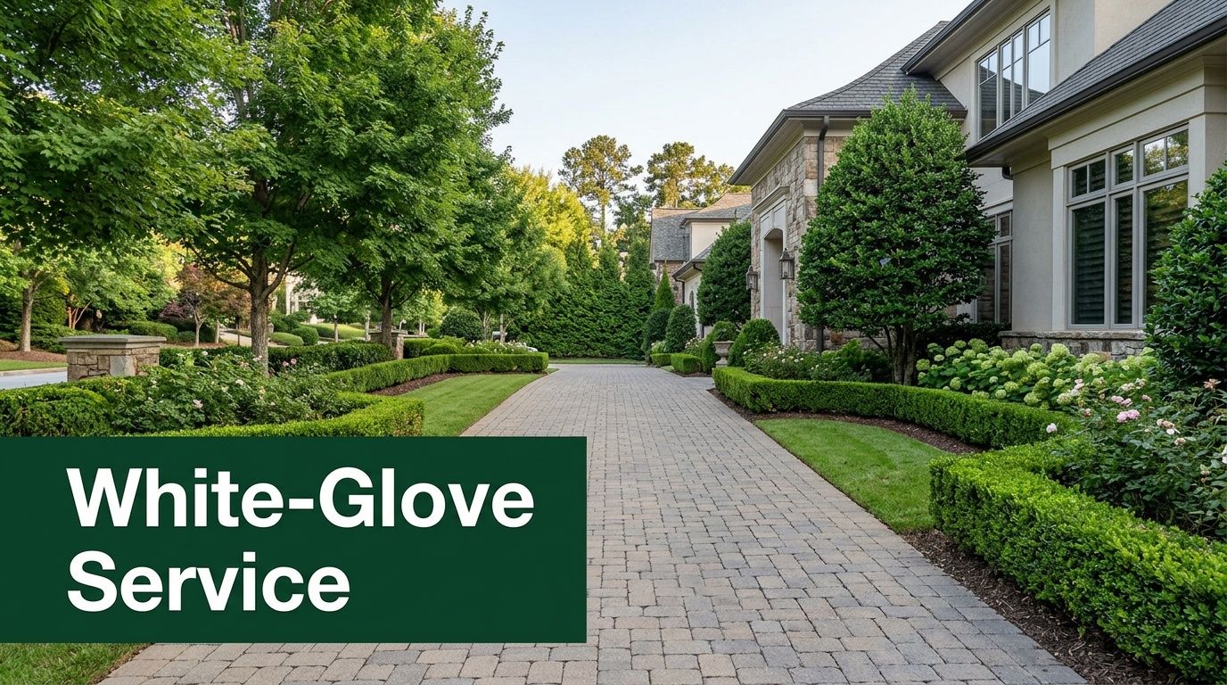 A luxurious home with a beautiful stone paved driveway, manicured landscaping, and lush green trees in Atlanta.