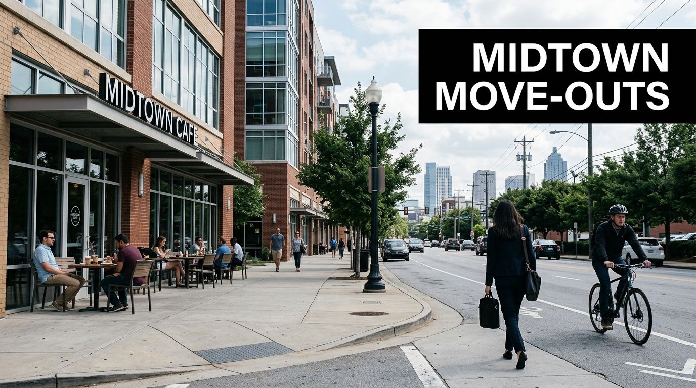 People enjoying outdoor dining at Midtown Cafe on a busy city street in Atlanta, Georgia.