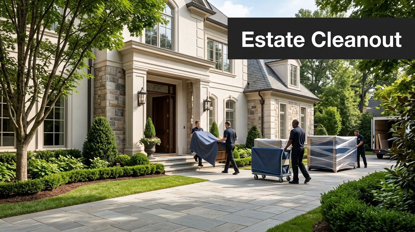 Professional moving team loading furniture from a luxury estate home into a moving truck for services.