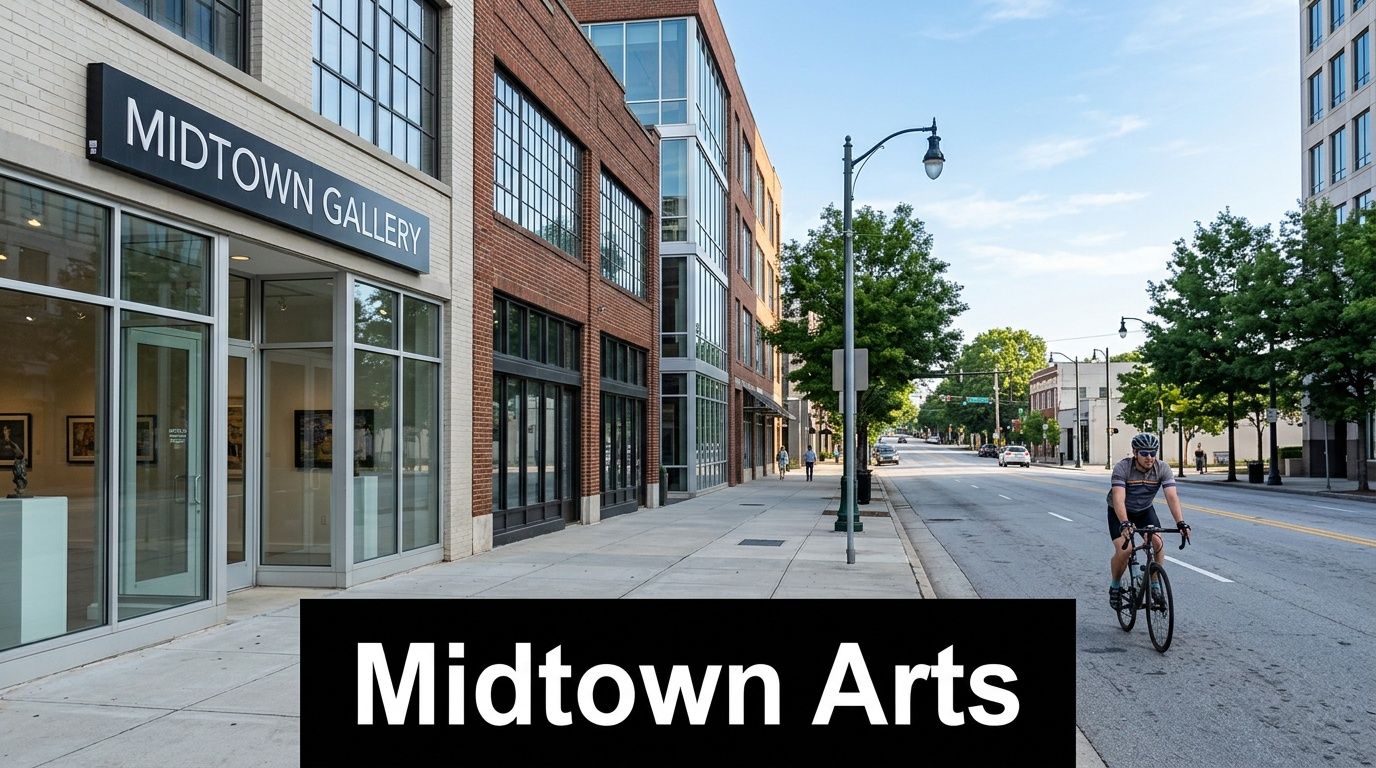 A cyclist rides on a street past the Midtown Gallery storefront in the city of Atlanta.