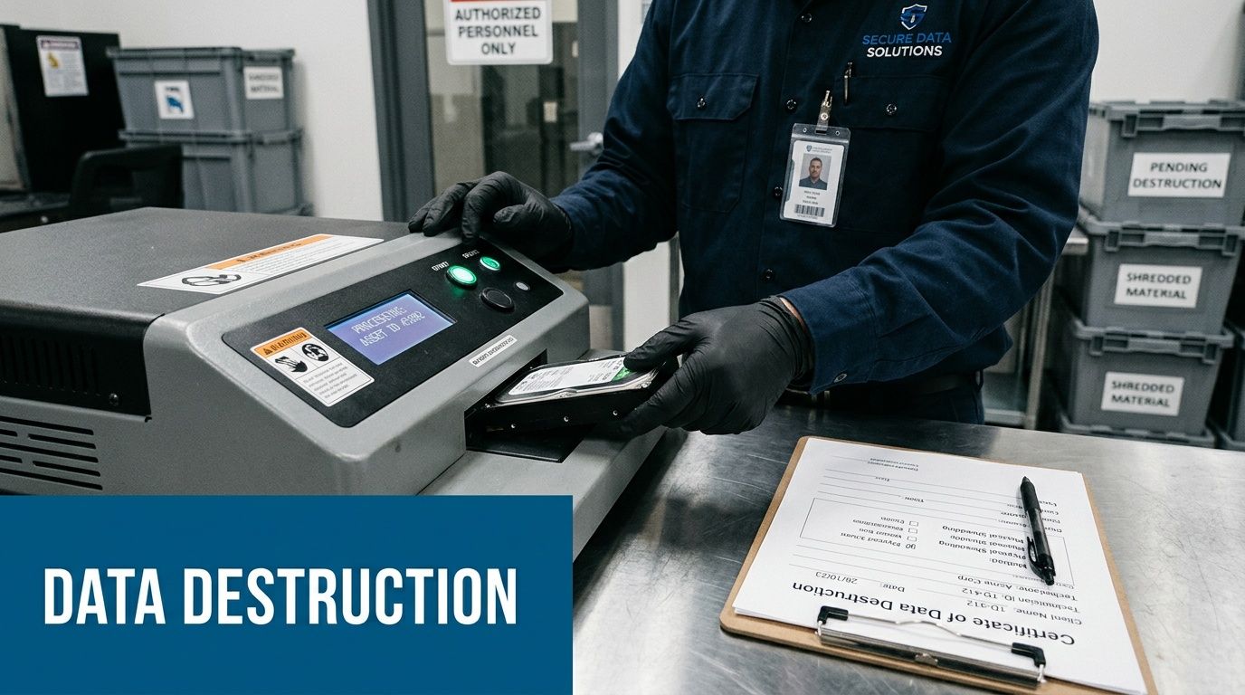 A technician in black gloves loads a hard drive into a data destruction machine, with destruction logs nearby.