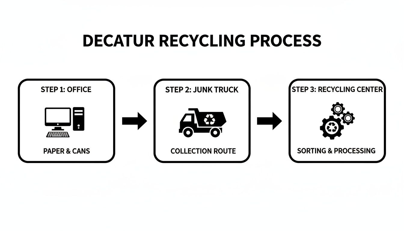 Diagram illustrating the three steps of the Decatur recycling process: office, truck, and center.