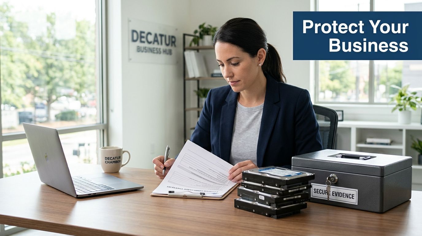 A businesswoman reviews documents at a desk with a laptop, secure evidence box, and hard drives.
