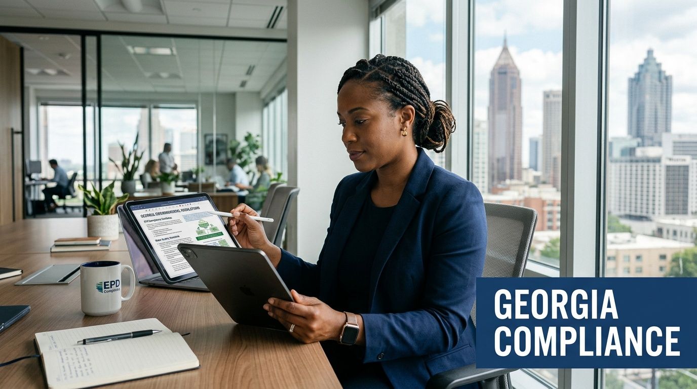 A professional woman in a suit reviews electronic document data on a tablet in an Atlanta office.