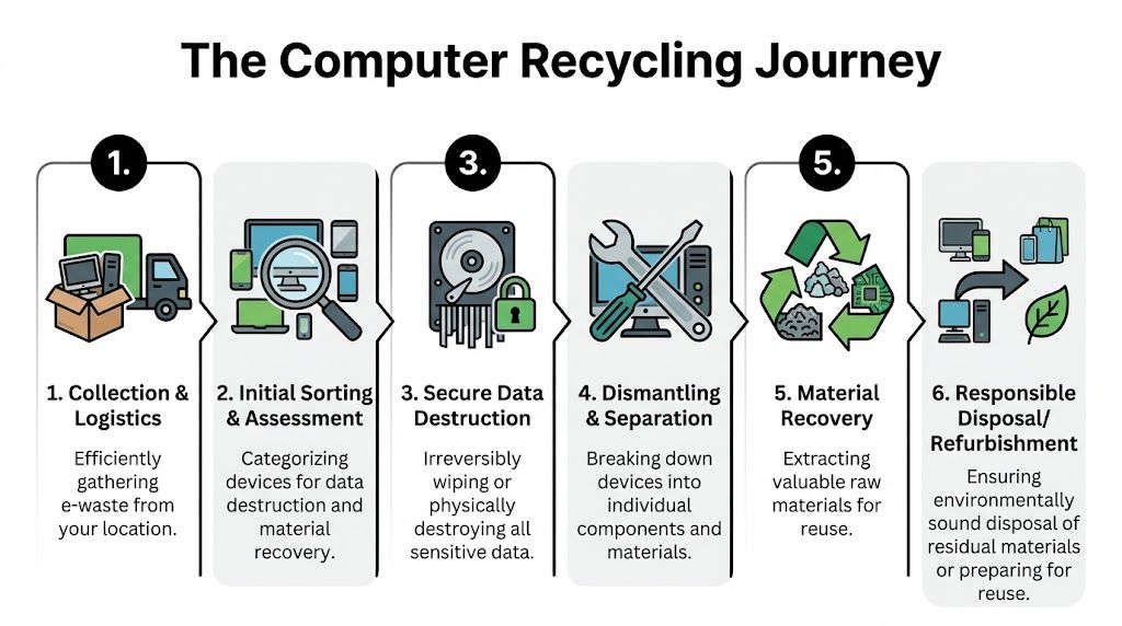 An infographic detailing the six steps of the computer recycling process from collection to final refurbishment.