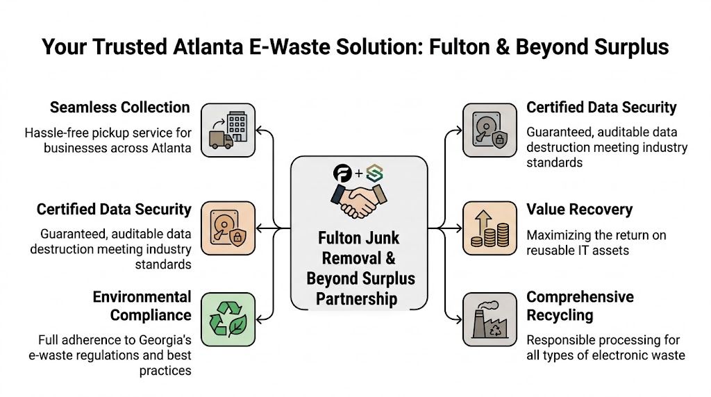A diagram illustrating the partnership between Fulton Junk Removal and Beyond Surplus for e-waste recycling services in Atlanta.