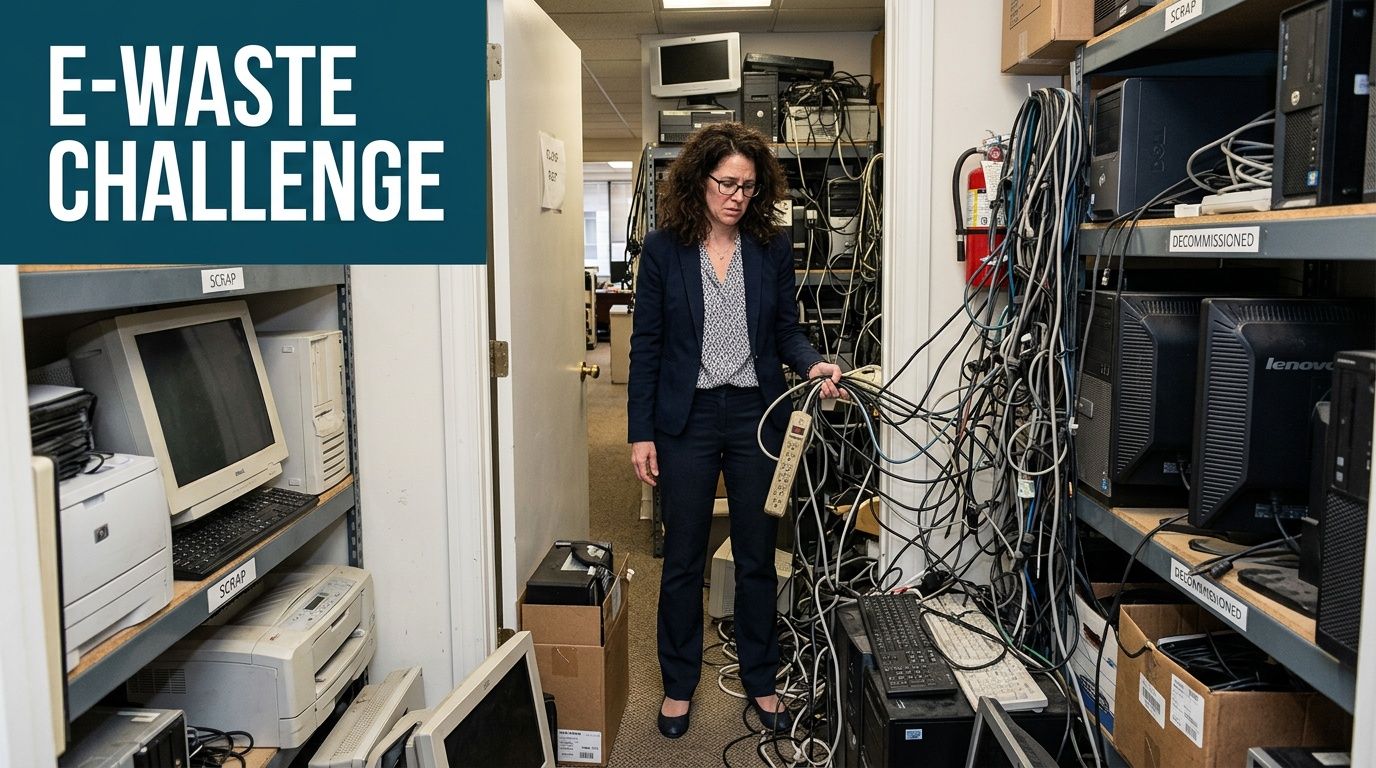 A professional woman in a suit stands in a cluttered office room surrounded by old e-waste.