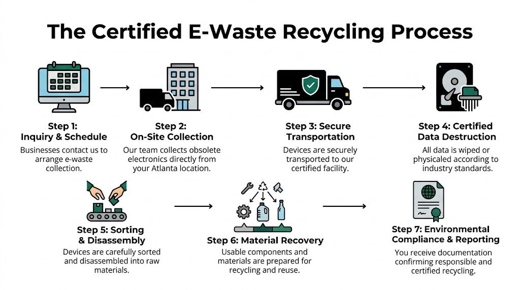 A diagram illustrating the seven-step certified e-waste recycling process for businesses in Atlanta, Georgia.
