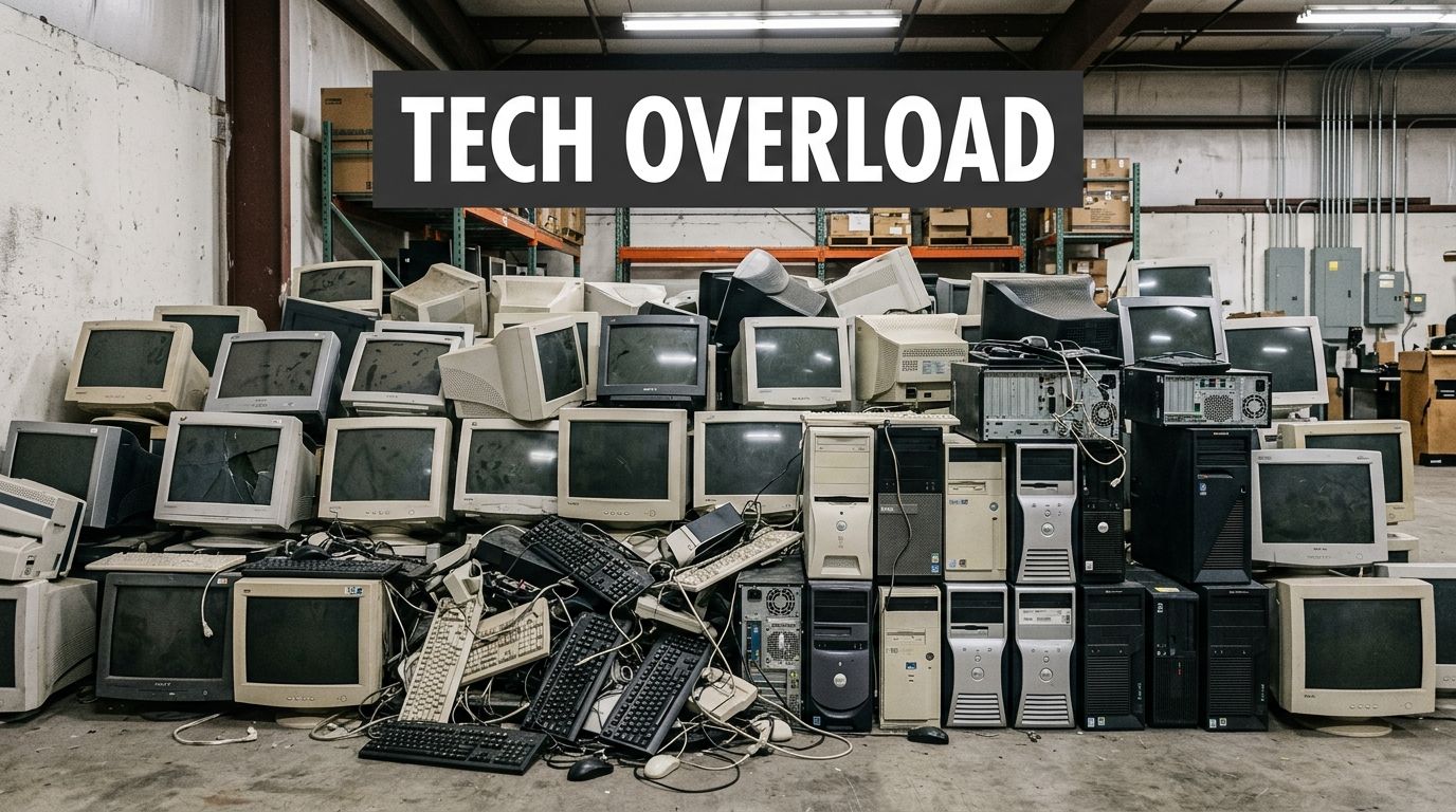 A large pile of discarded old desktop computers, CRT monitors, and keyboards in a warehouse storage facility.
