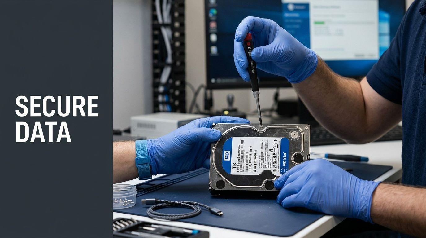 A technician wearing blue protective gloves uses a screwdriver to disassemble a 1TB hard drive for data destruction.