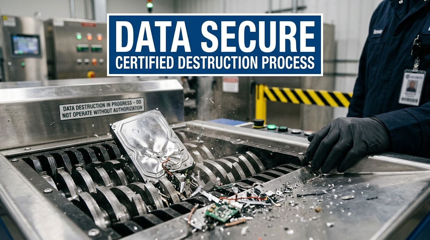 A technician wearing protective gloves destroys a computer hard drive using an industrial shredding machine.