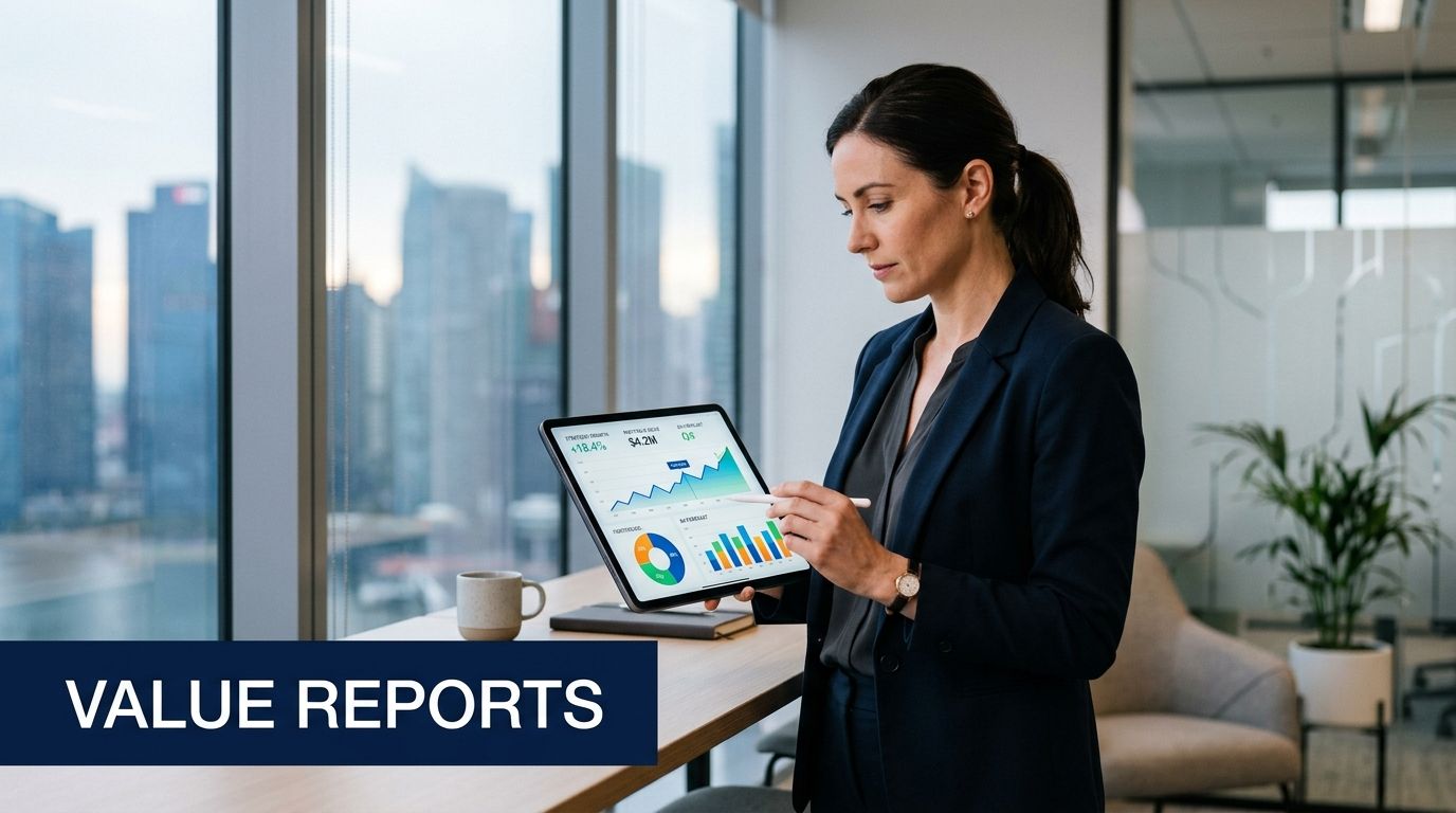 A professional woman in a suit reviewing financial charts on a tablet in an office.