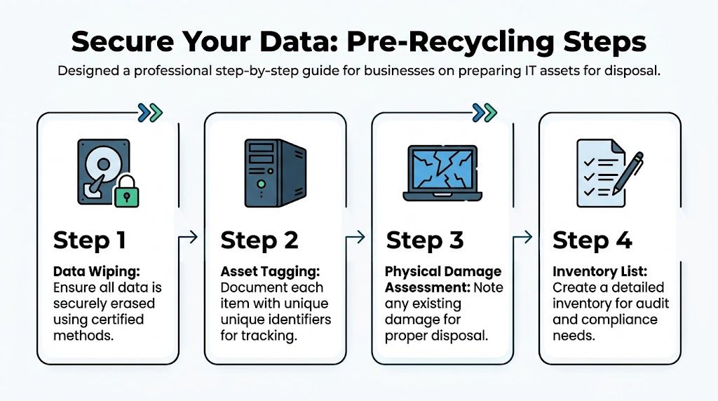 A four-step infographic showing how businesses should prepare their IT assets for secure recycling and disposal.