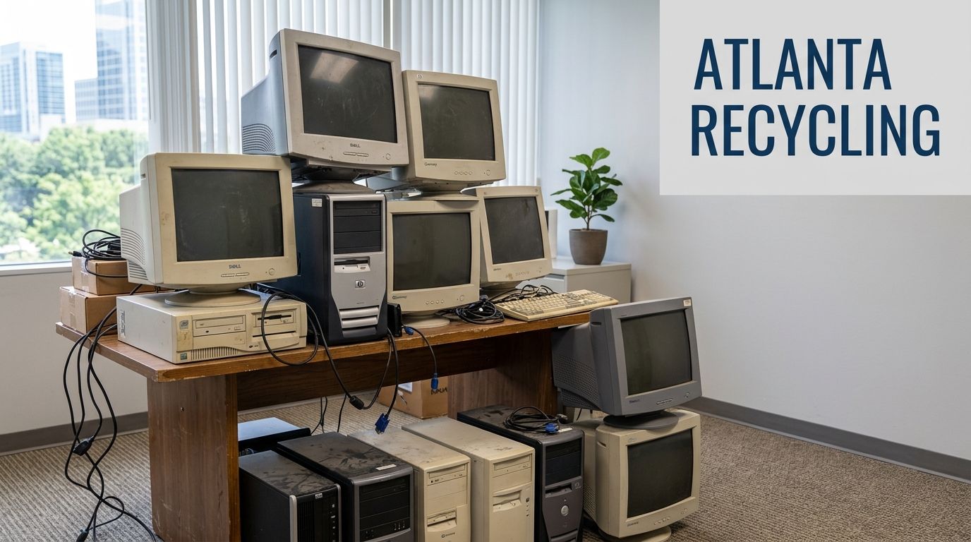 A wooden table loaded with old desktop computers and CRT monitors in an office setting in Atlanta.