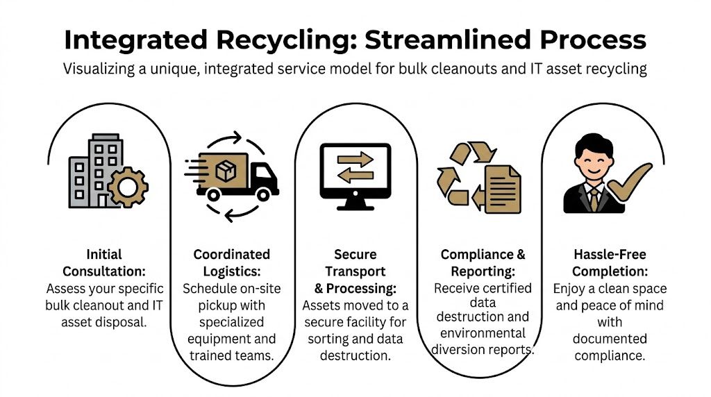 A flowchart infographic illustrating the integrated five-step process for professional bulk cleanout and IT asset recycling services.