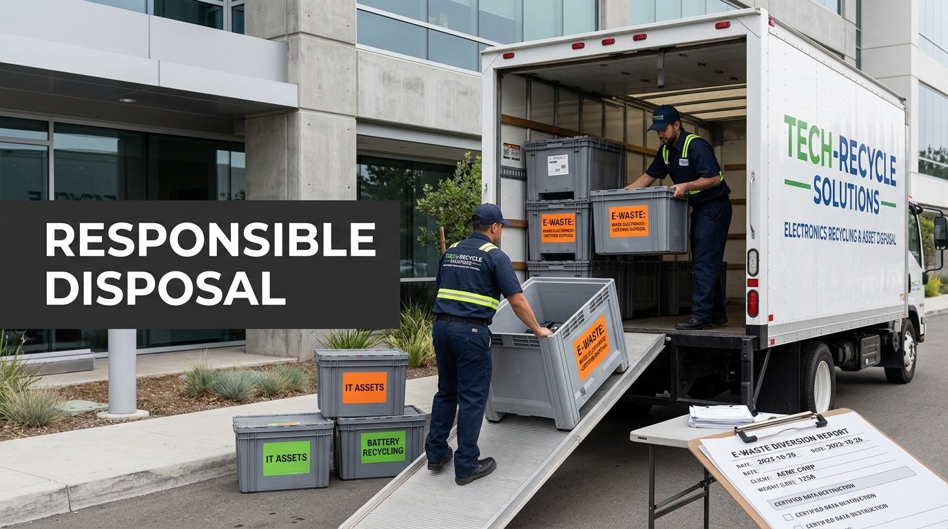 Workers from Tech-Recycle Solutions load E-waste, IT assets, and batteries into a truck for responsible disposal.