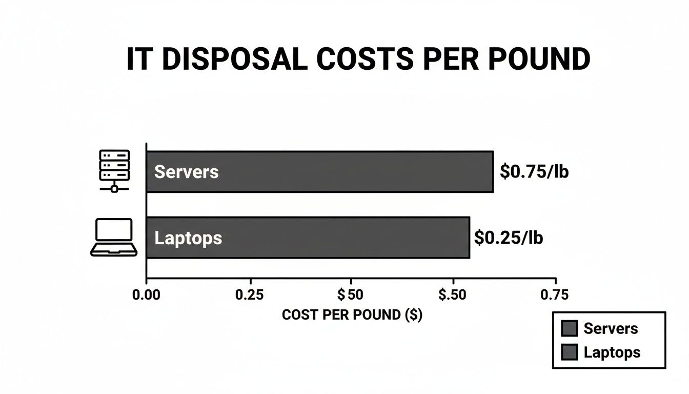 Bar chart showing IT disposal costs per pound: Servers cost $0.75/lb, Laptops $0.25/lb.