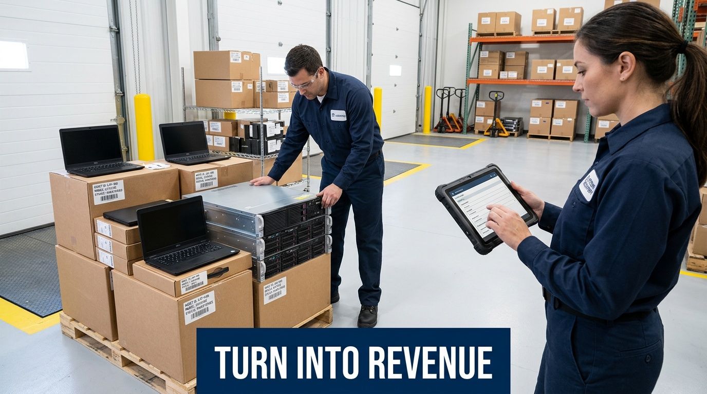 Technicians processing IT equipment, including servers and laptops, using a tablet in a warehouse.
