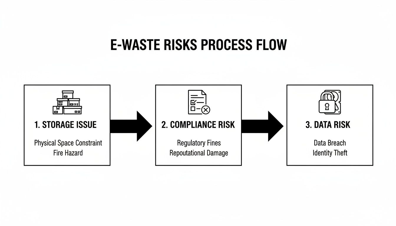 E-waste risks process flow diagram illustrating storage issues, compliance risks, and data security risks.